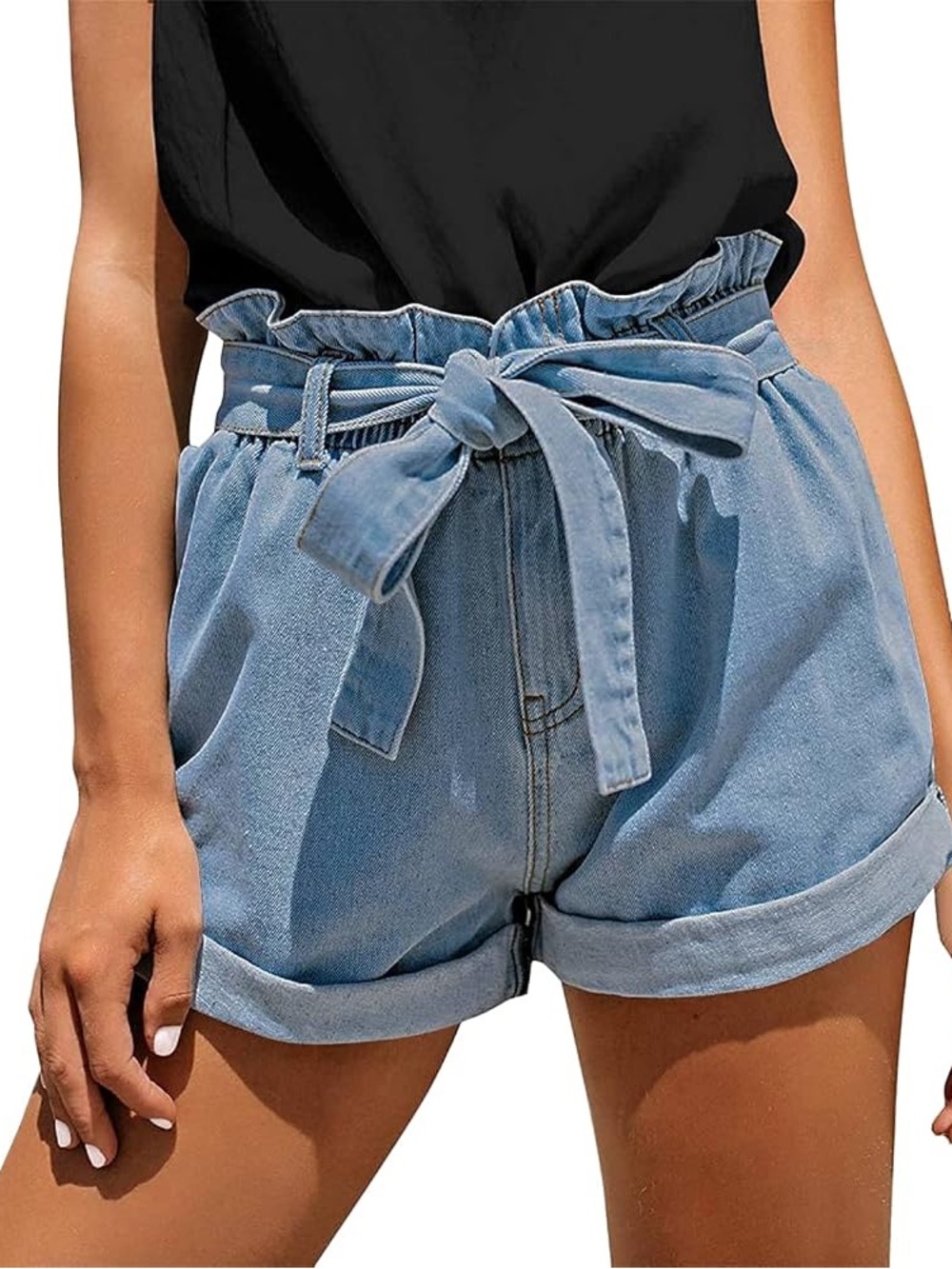 Ardene Light Blue Paperbag Waist Denim Shorts with Tie Belt